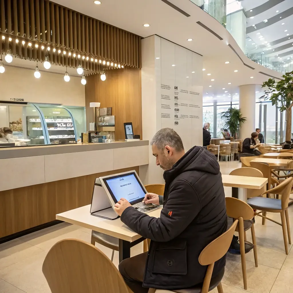 A photograph of a modern cafe interior with a Drivingo kiosk visible in the background, showcasing a clean and efficient ordering process. The cafe is brightly lit and inviting, with customers interacting with the kiosk.