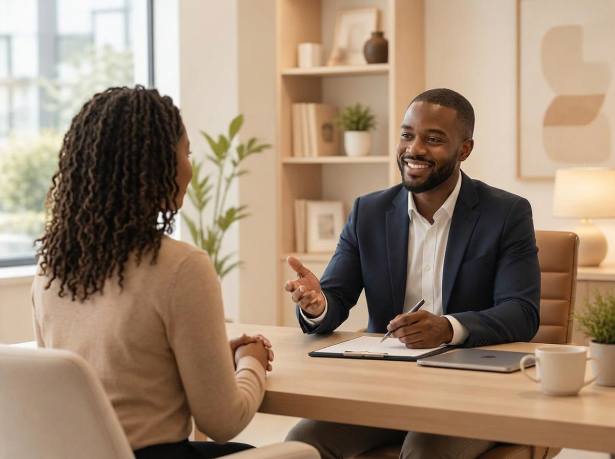 A recruiter meeting with a candidate in a modern office